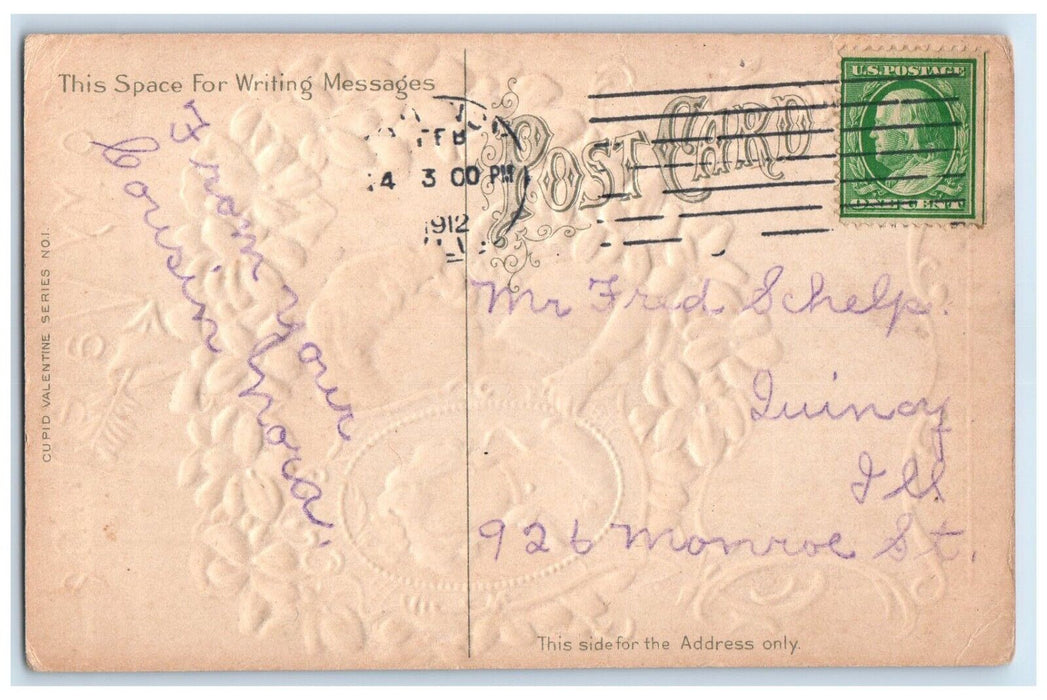 1912 Valentine Hearts Of Violet Flowers Angel Embossed Posted Antique Postcard