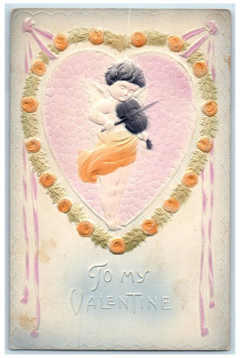 1912 Valentine Floral Flowers Heart Angel Playing Violin Airbrushed Postcard