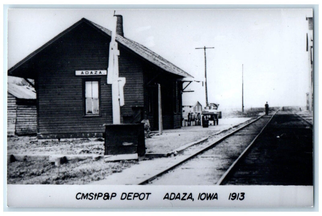 c1913 CMSTP&P Depot Adaza Iowa Exterior Train Depot Station RPPC Photo Postcard