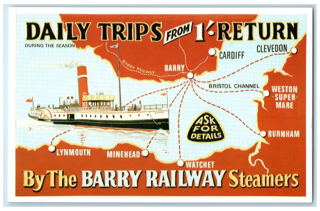 c1950's Daily Trips from 1 Return Barry Railway Steamers Wales Map Postcard
