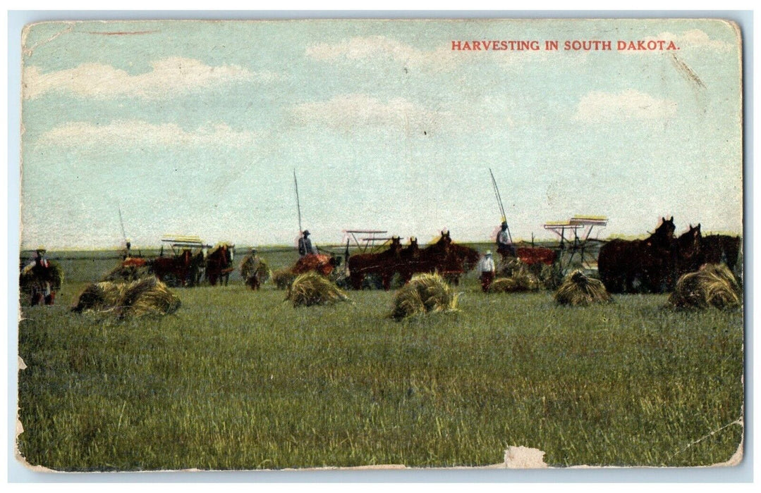 1910 Harvesting In South Dakota SD, Farm Scene Farmers Klevenville WI Postcard