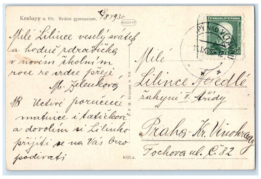 1930 Realne Gymnasium Kralupy nad Vltavou Czechia Czech Republic Postcard