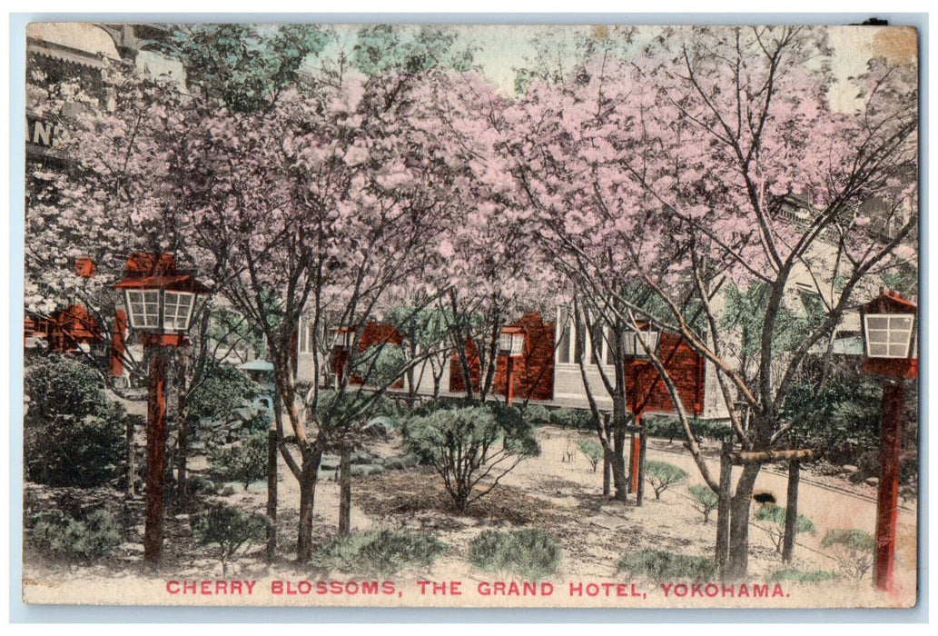 c1910 Cherry Blossoms The Grand Hotel Yokohama Japan Antique Postcard