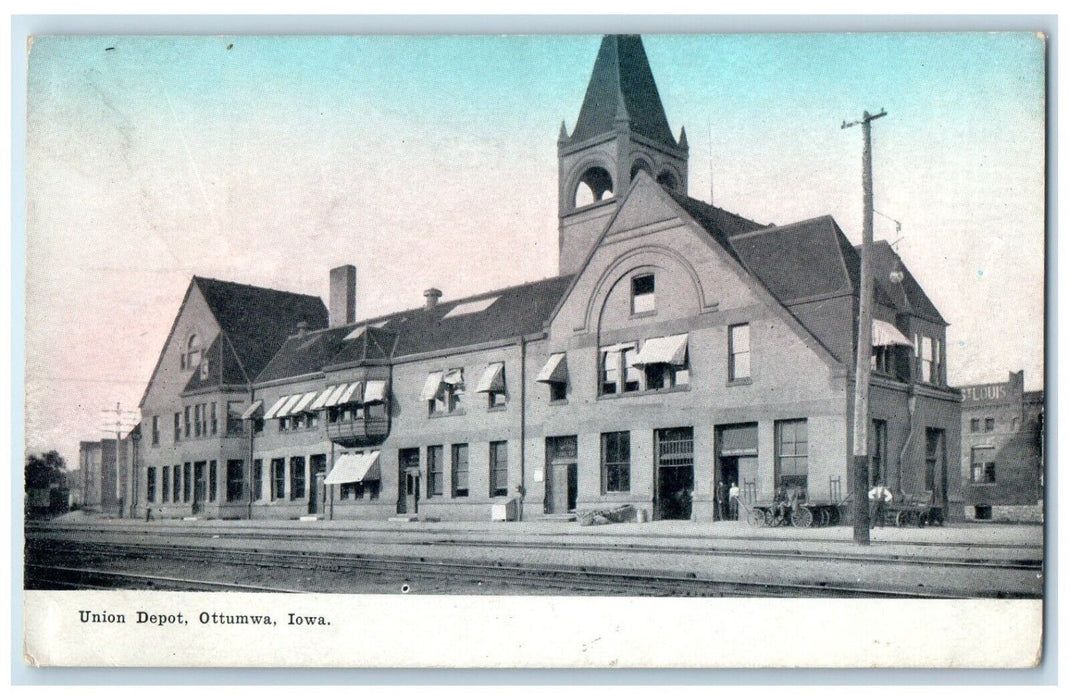 c1910's Union Depot Station Railroad Train Wagon Ottumwa Iowa IA Postcard