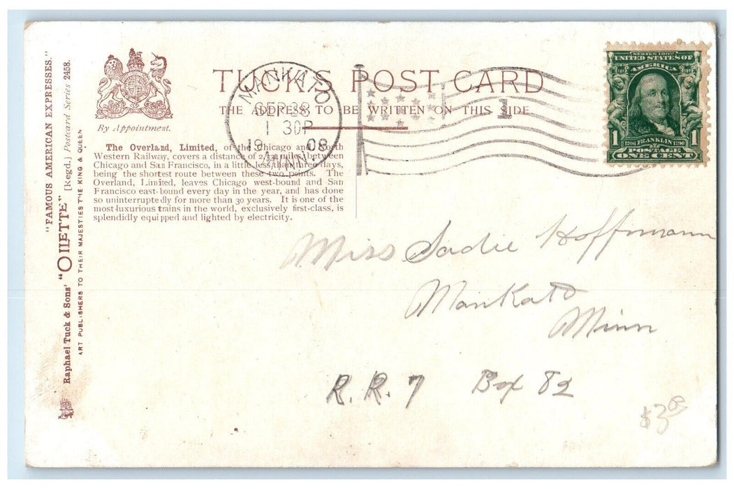 1908 The Overland Limited Railroad Train Mankato MN Oilette Tuck's Postcard