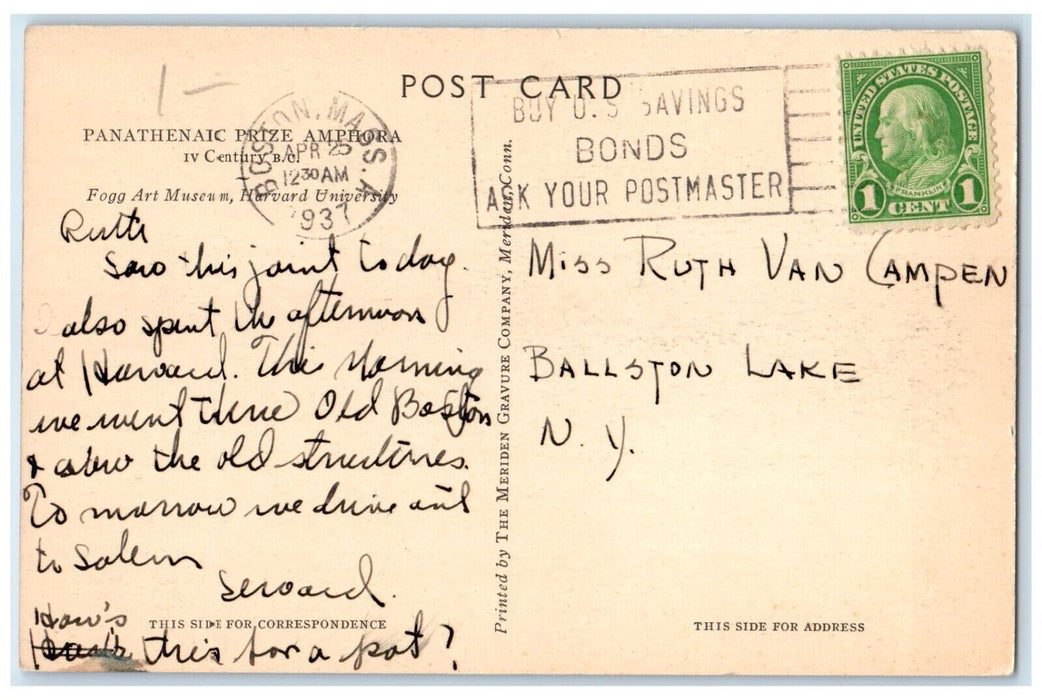 1937 Panathenaic Prize Amphora Fog Art Museum Boston Massachusetts MA Postcard