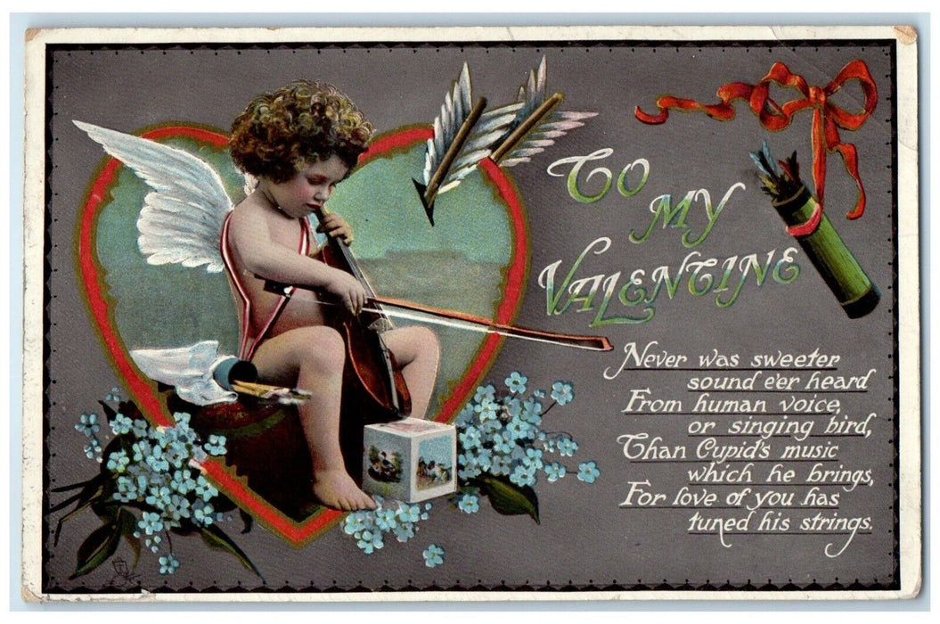 1910 Valentine Cupid Angel Violin Heart And Flowers Tuck's Antique Postcard