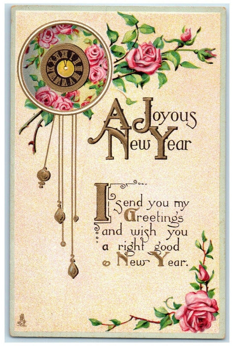 New Year Ringing Clock Roses Flowers Embossed Tuck's Unposted Antique Postcard