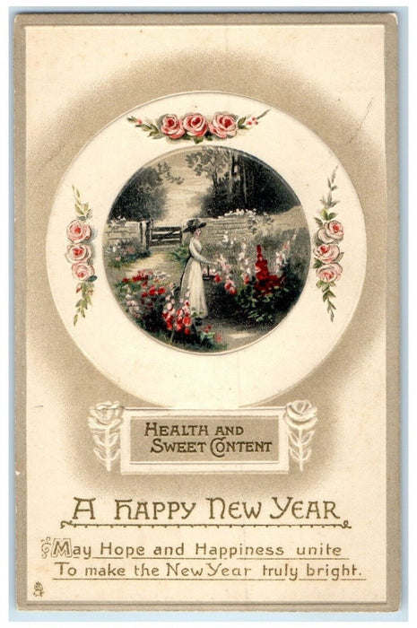 c1910's New Year Woman Big Hat Picking Flowers Embossed Tuck's Antique Postcard