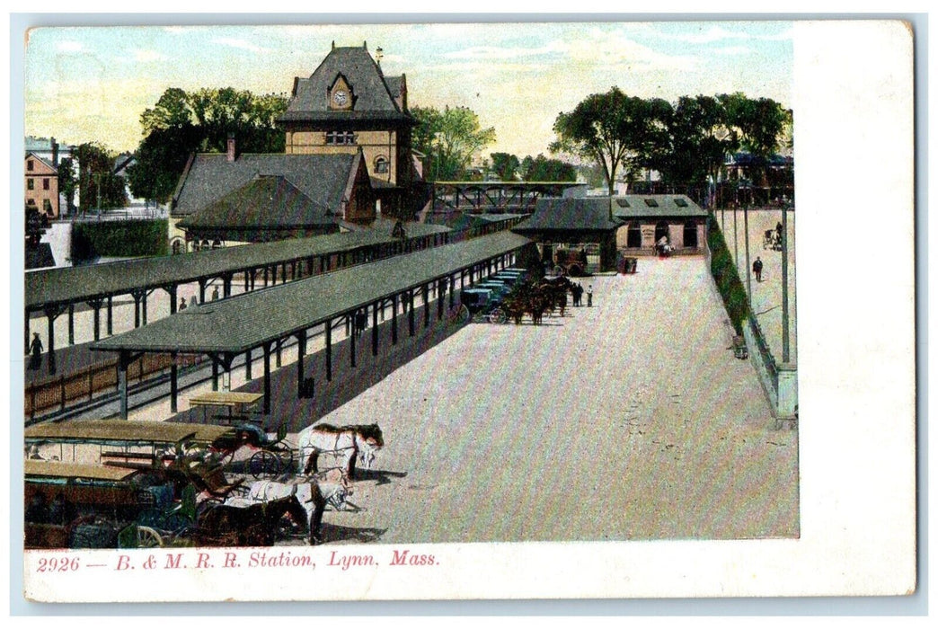 c1905 Aerial View B & MRR Station Horse Carriage Lynn Massachusetts MA Postcard