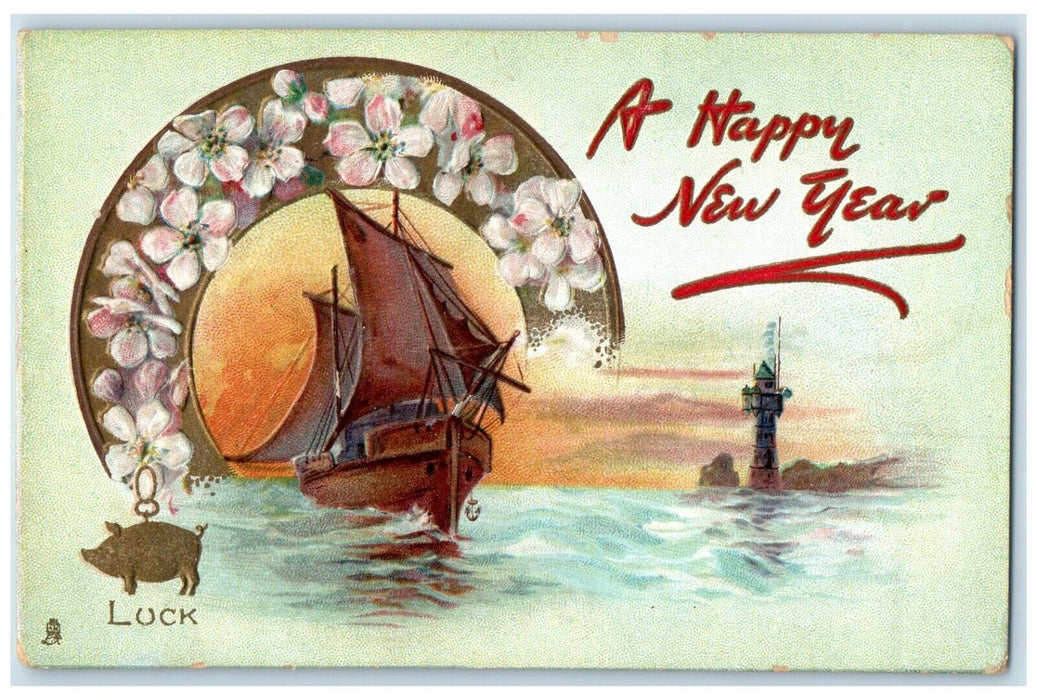 c1910's New Year Luck Flowers Boat Lighthouse Embossed Tuck's Antique Postcard