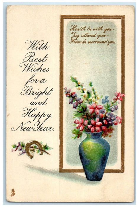 c1910's New Year Flowers In Vase Horseshoe Embossed Tuck's Antique Postcard