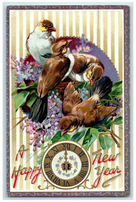 c1910's New Year Birds Flowers Clock Embossed Tuck's Posted Antique Postcard