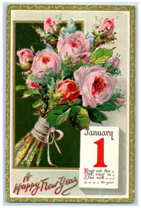 1910 New Year January 1 Calendar Roses Flowers Tuck's Whitefield Maine Postcard