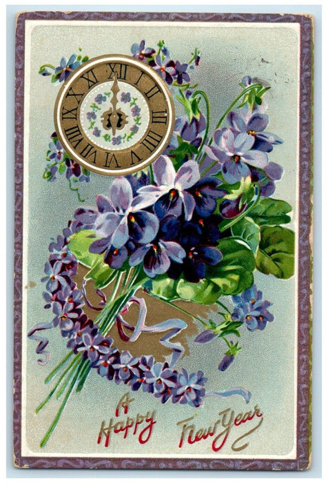 1910 New Year Flowers And Clock Embossed Posted Antique Tuck's Postcard