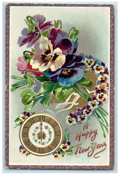 c1910's Happy New Year Flowers And Clock Embossed Tuck's Posted Antique Postcard