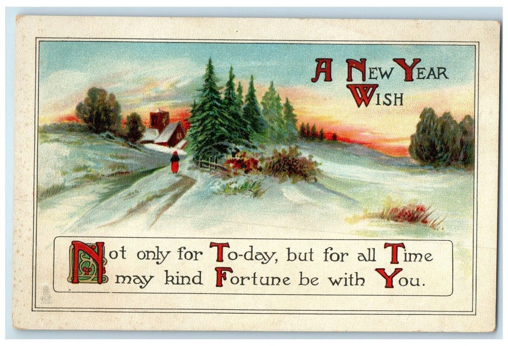 c1910's New Year House Winter Scene House Pine Trees Antique Tuck's Postcard