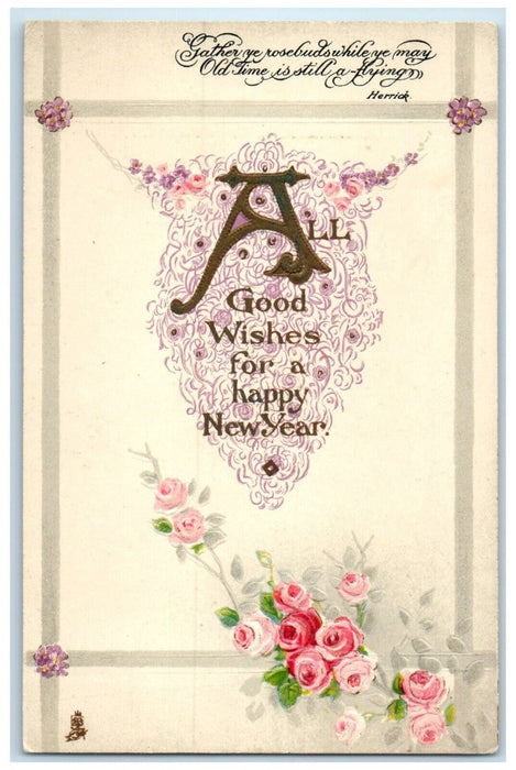 c1910's New Year Pink Roses Flowers Embossed Unposted Antique Tuck's  Postcard