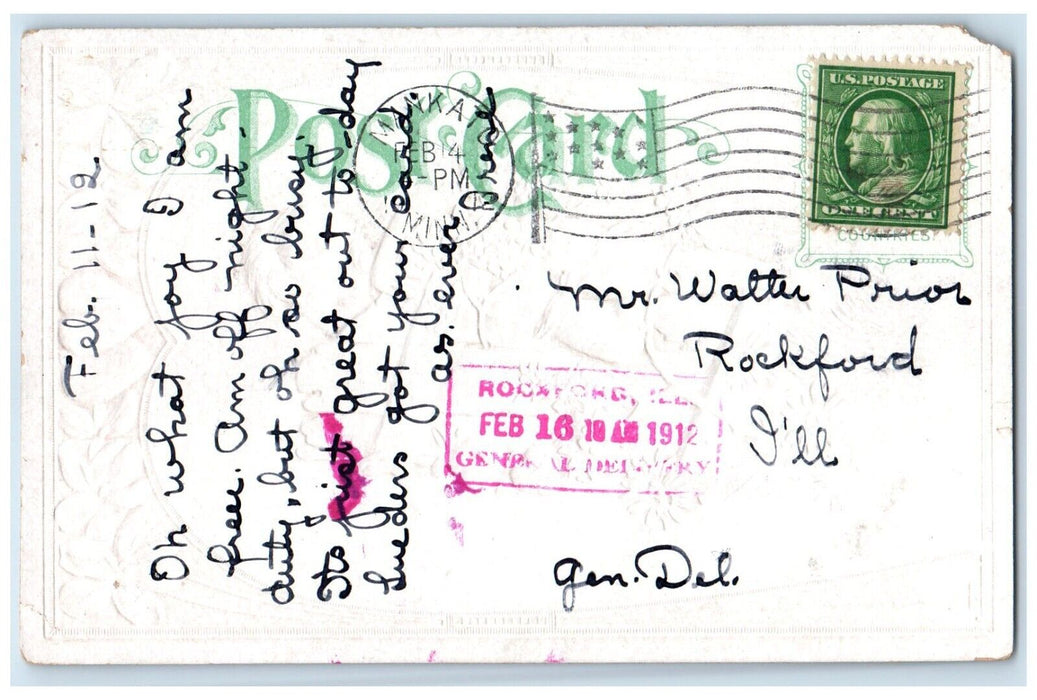 1912 Valentine Cupid Angel Loves Token Heart Flowers Embossed Tuck's Postcard