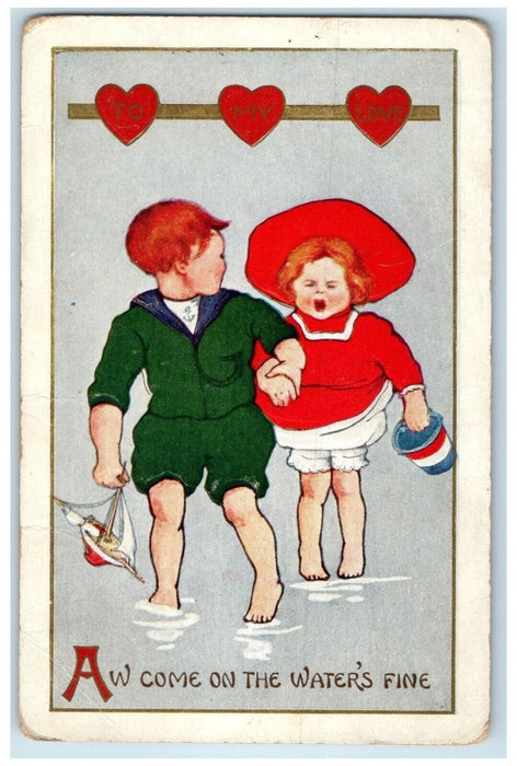 c1910's Valentine Little Sweetheart Walking At The Beach Embossed Postcard