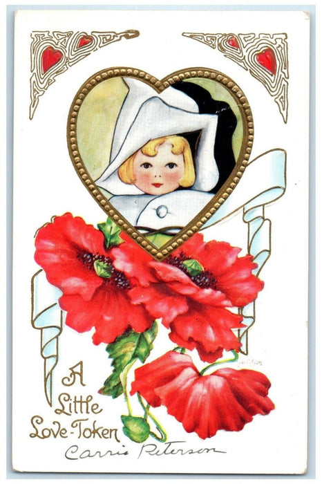 c1910's Valentine Cute Girl In Heart Red Flowers Embossed Antique Postcard