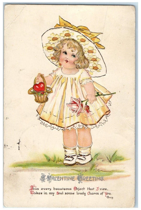 1910 Valentine Greetings Girl Floral Hat With Heart Flowers Embossed Postcard