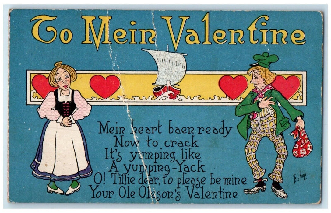 1911 Valentine Old Couple Sailboat Hearts Linton Pennsylvania PA Posted Postcard