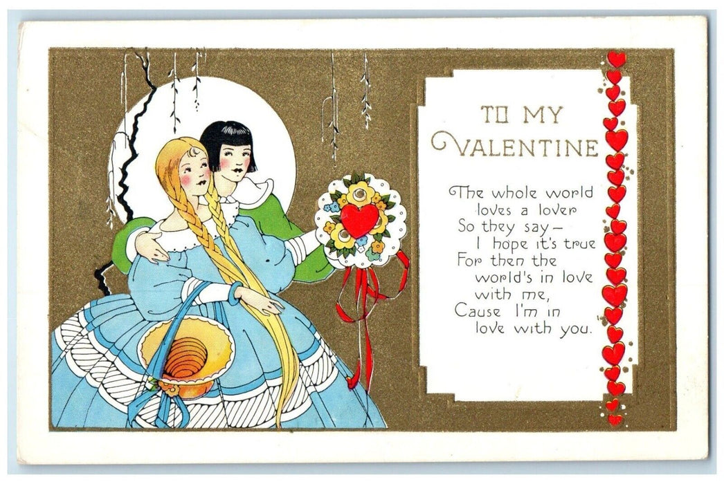 c1910's Valentine Couple Romance Flowers Hearts Embossed Antique Postcard