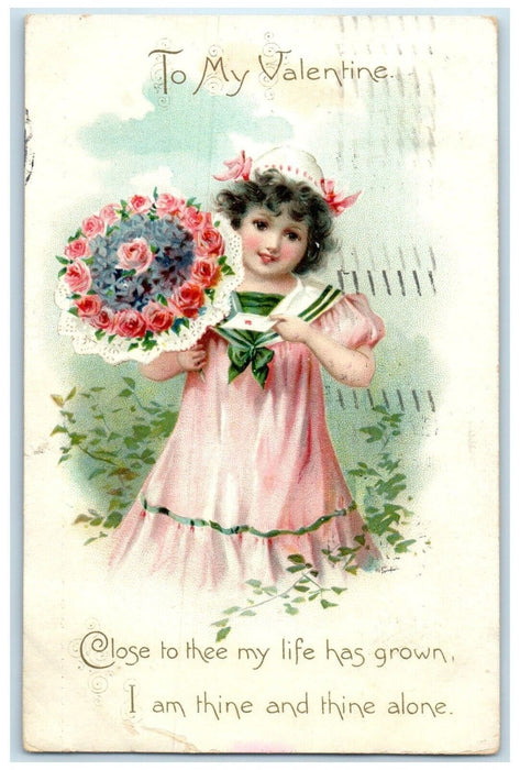 1908 Valentine Pretty Girl With Flowers Embossed Tuck's Minneapolis MN Postcard