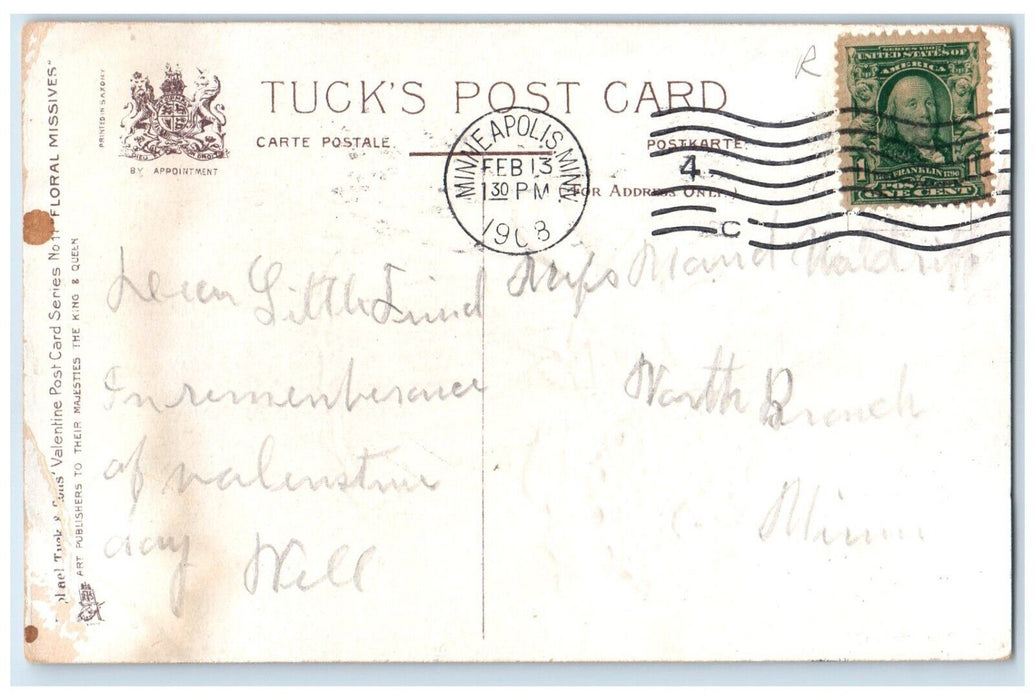 1908 Valentine Pretty Girl With Flowers Embossed Tuck's Minneapolis MN Postcard