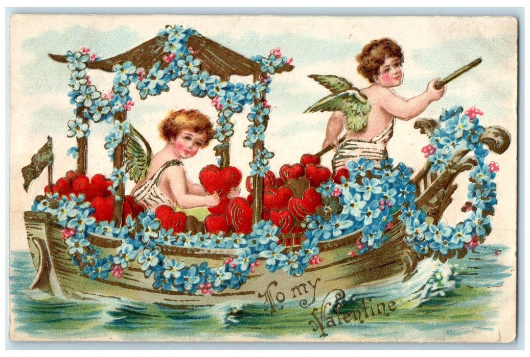Valentine Cupid Angel Boating Flowers Hearts Hand Cancel RFD Denham MN Postcard