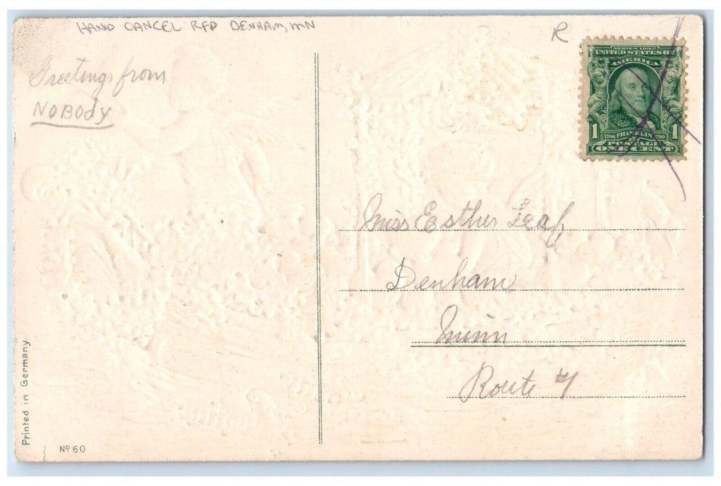 Valentine Cupid Angel Boating Flowers Hearts Hand Cancel RFD Denham MN Postcard
