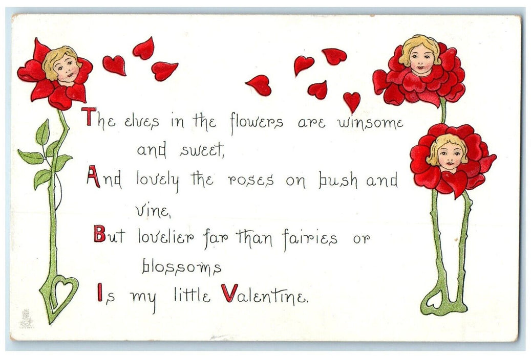 c1910's Valentine Cute Little Girls Head In Flowers Embossed Antique Postcard
