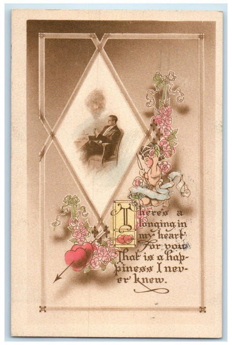 1911 Valentine Man Sat On Chair Hearts Flowers Minneapolis Minnesota MN Postcard