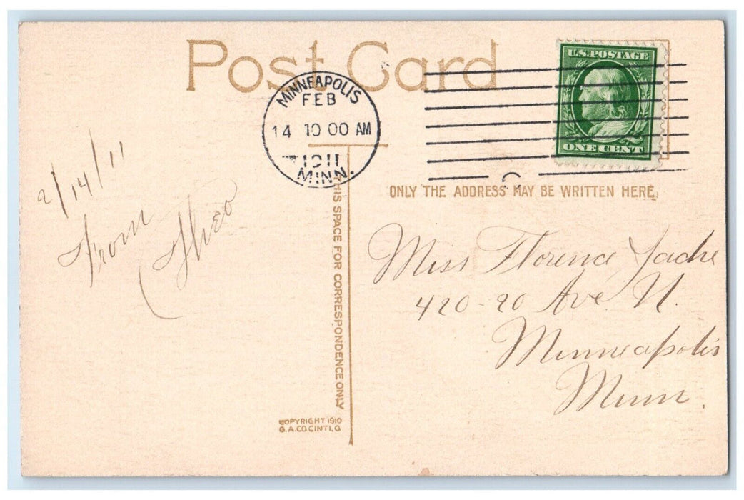1911 Valentine Man Sat On Chair Hearts Flowers Minneapolis Minnesota MN Postcard