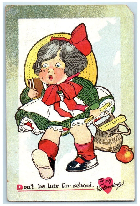 c1910's Valentine Little Girl In Hurry Don't Be Late For School Tuck's Postcard