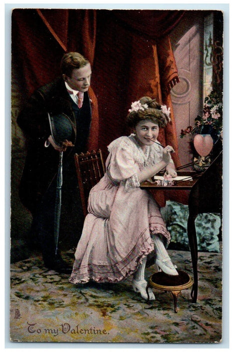 c1910's Valentine Man Surprised Woman Writing Tuck's Unposted Antique Postcard