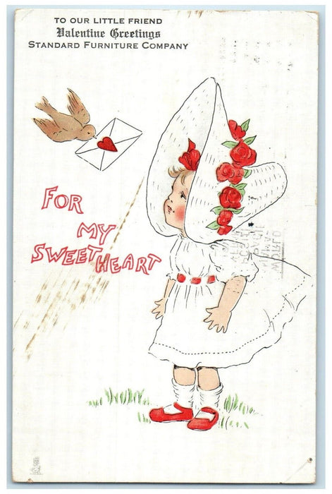 1913 Valentine Greetings Little Girl Big Hat Flowers Seattle WA Tuck's Postcard