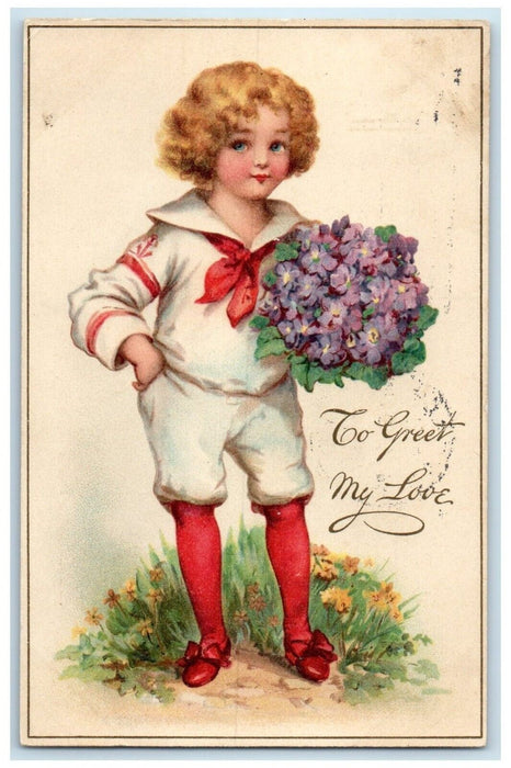 1910 Valentine Boy With Flowers Bouquet Chicago Illinois IL Tuck's Postcard