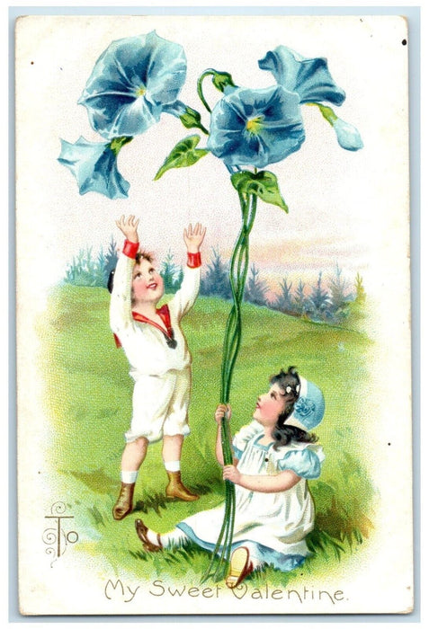 c1910's Valentine Children Holding Flowers Embossed Antique Tuck's Postcard