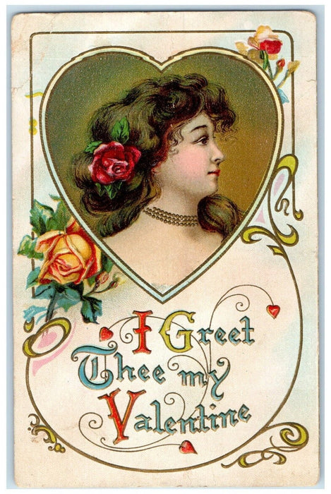 1917 Valentine Pretty Woman Curly Hair Heart Flowers Embossed Antique Postcard