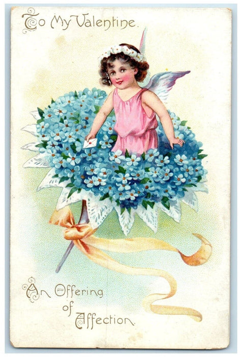 c1910's Valentine Angel On Top Of Flowers Bouquet Embossed Antique Postcard