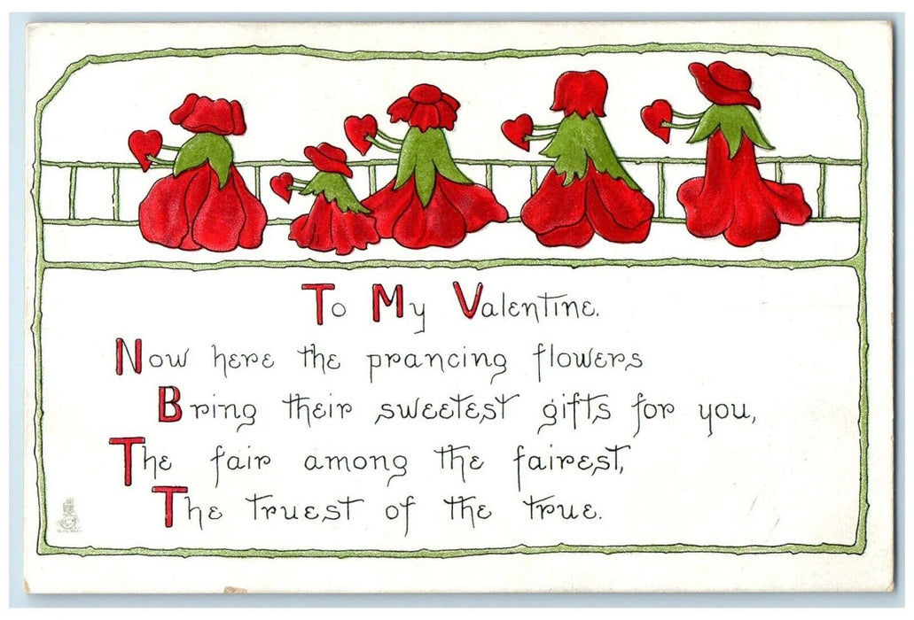 c1910's Valentine Prancing Flowers Embossed Tuck's Posted Antique Postcard