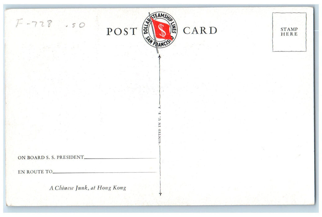 c1910 A Chinese Junk at Hong Kong Unposted Dollar Steamship Lines Postcard