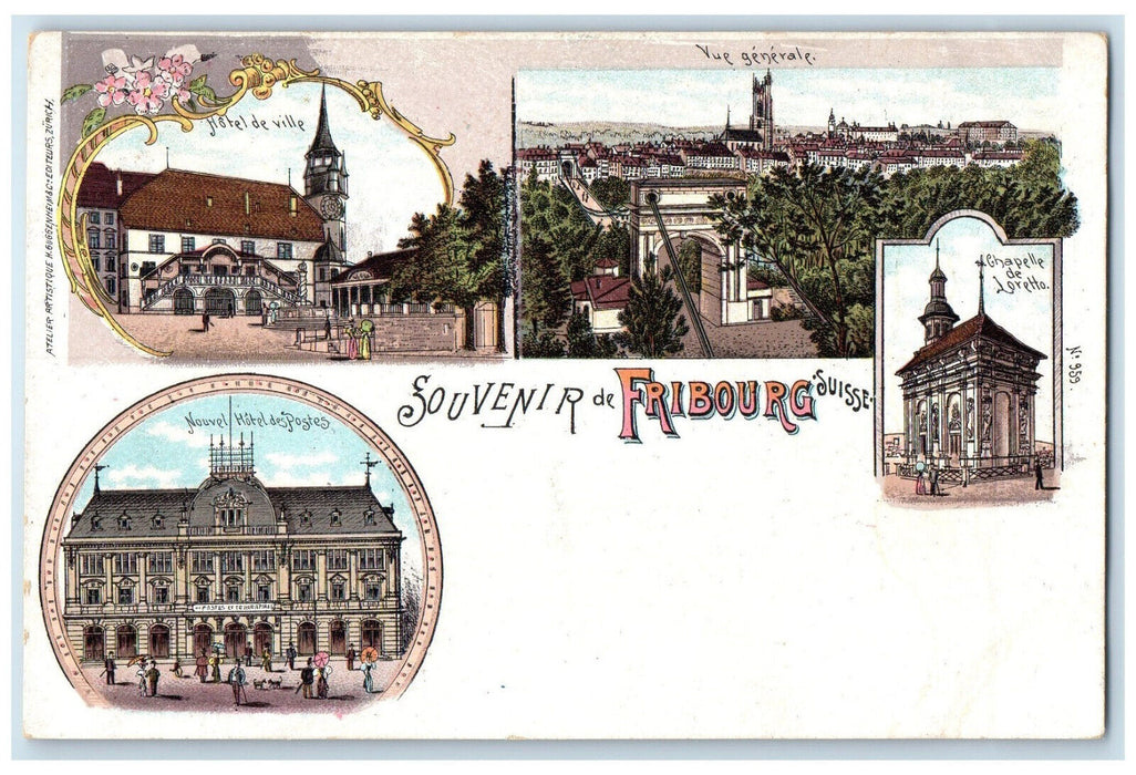 c1905 General View Souvenir De Fribourg Switzerland Multiview Antique Postcard
