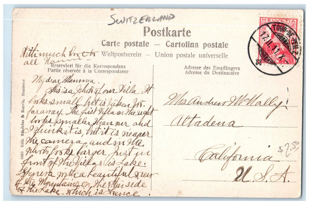 1911 View of Tour De Peilz Villas Wood Switzerland Antique Posted Postcard