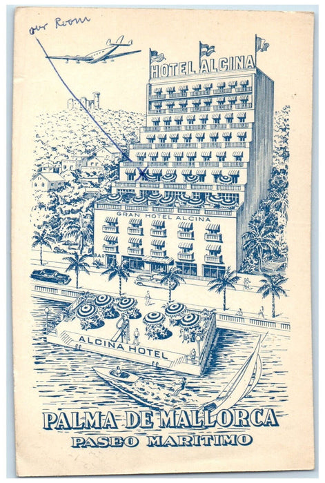 1954 Paseo Maritimo Palma De Mallorca Alcina Hotel Italy Vintage Postcard