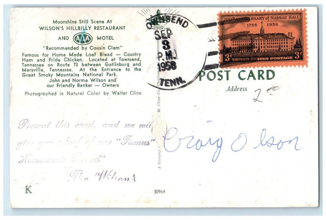 1958 Moonshine Still Scene Wilson Hillbilly Restaurant Motel Tennessee Postcard