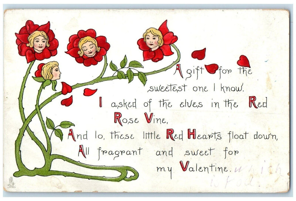 c1910's Valentine Red Hearts Flowers Girl Head Embossed Tuck's Antique Postcard