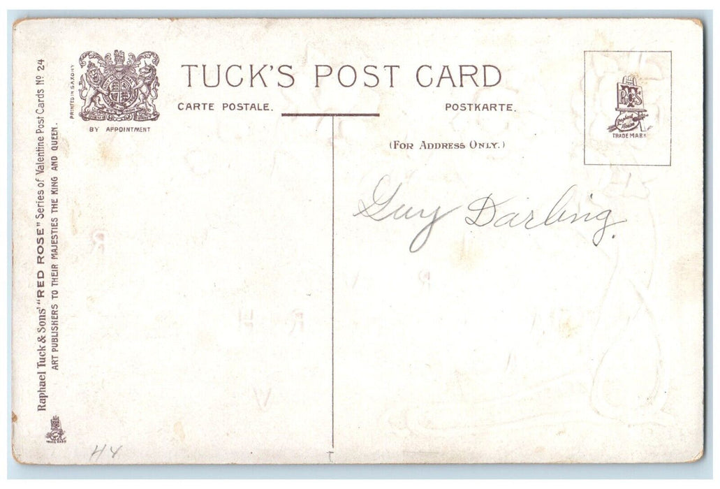 c1910's Valentine Red Hearts Flowers Girl Head Embossed Tuck's Antique Postcard
